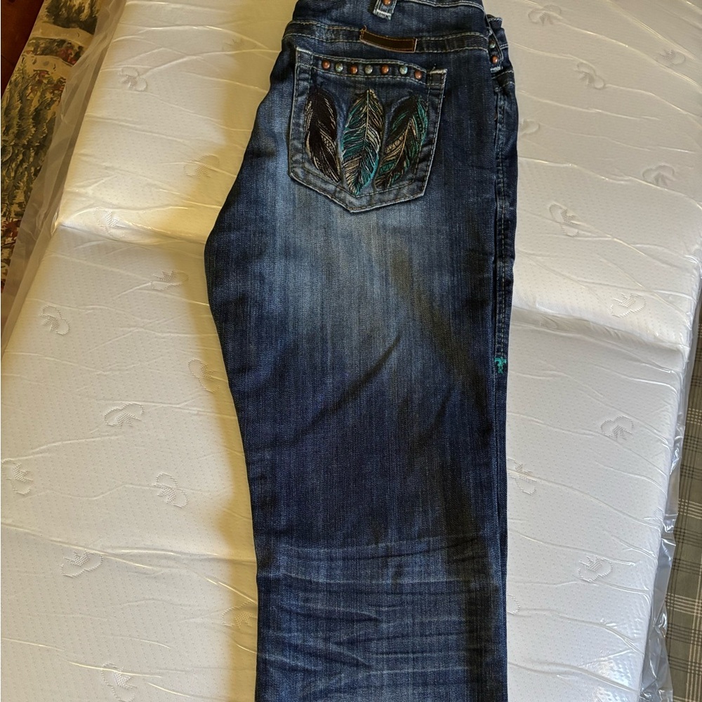 Cowgirl Tuff Fly Free Dark Blue Denim Jeans with Feather Pockets